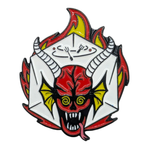 These US designed soft enamel pin badges feature the satan logo from Stranger Things.