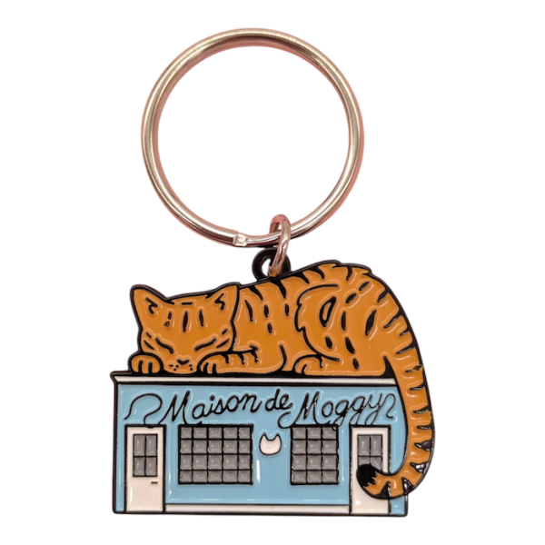 A massive ginger cat lays sleeping on top of a blue flat-roofed building that bares the words