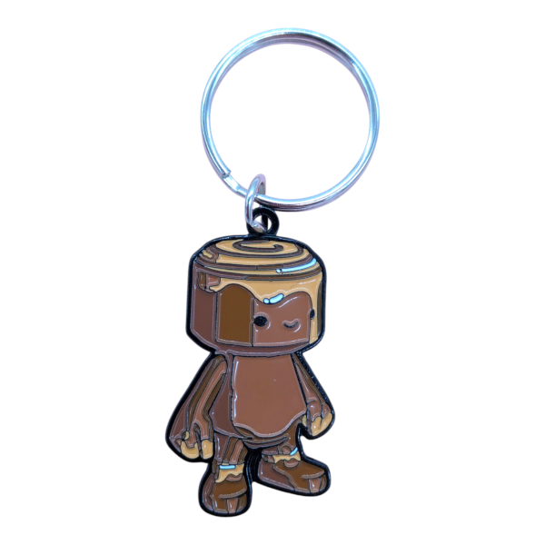 A brown wooden-textured cartoon character, looks like a cross between a LEGO figure and Sackboy from Playstation.