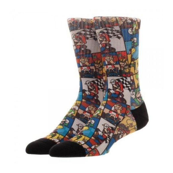Custom printed socks with full colour cartoon panel artwork and black accents, highlighting vivid sublimation printing for standout custom socks.
