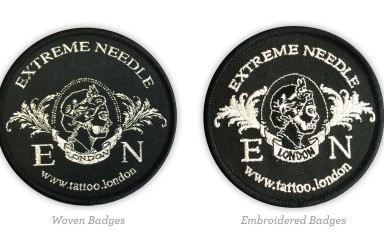 A comparison between woven and embroidered patches that feature the same design.