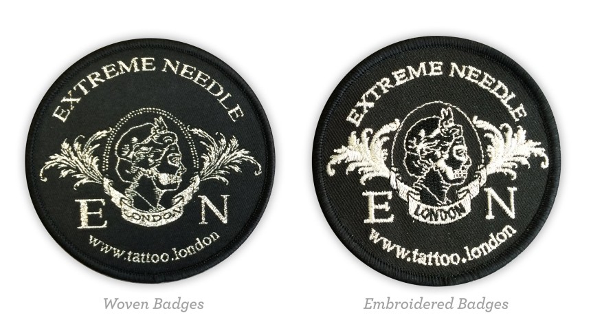 A comparison between woven and embroidered patches that feature the same design.